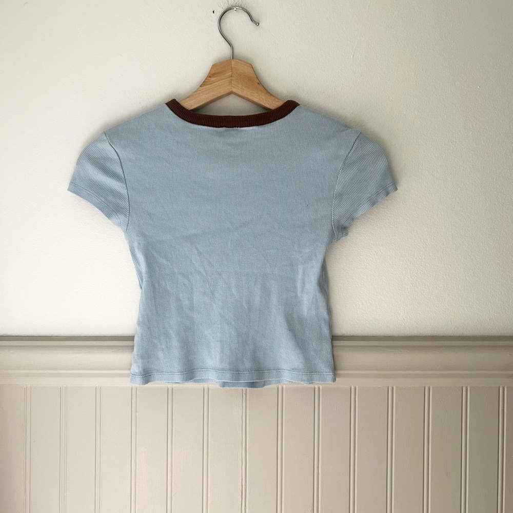 BDG Urban Outfitters Small Light Blue Crop Top with Brown Trim 100% Cotton - Picture 5 of 5